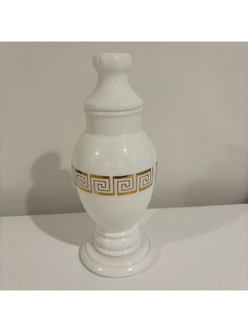 Vintage milkglass ginger jar gold Greek key design white jar with lid